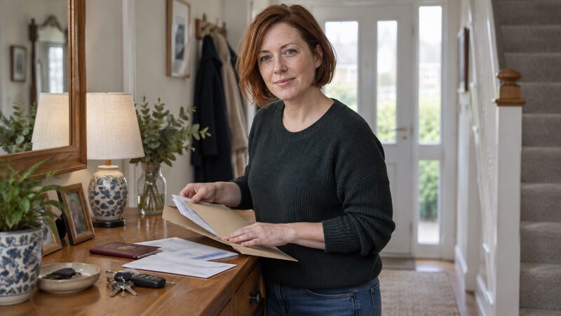 A checklist of documents laid out on a desk, including bank statements, a passport and a tax return