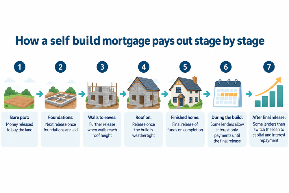 A self build project at different stages of construction, from bare plot to finished home