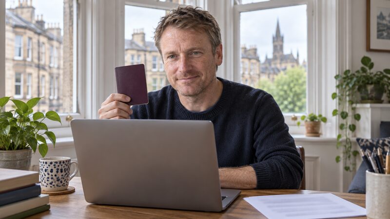 A person completing a credit union membership form on a laptop at home