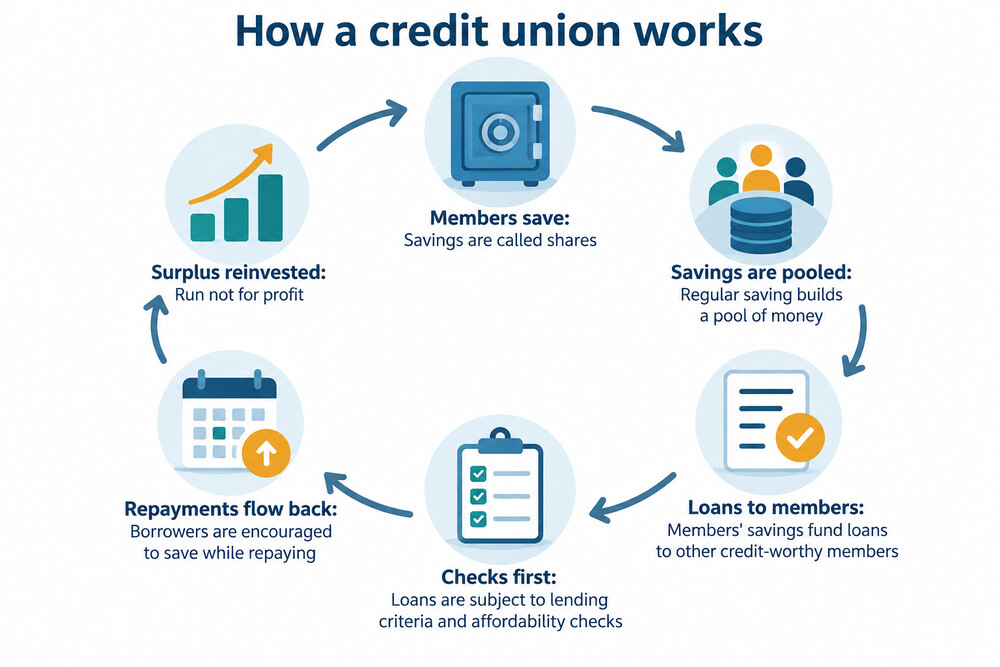 A diagram-style image showing members' savings flowing into the credit union and returning to members as affordable loans
