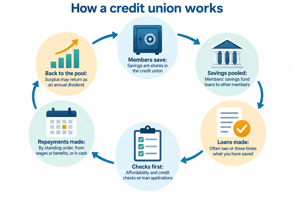 A member saving with a credit union, with their savings helping to fund a loan to another member