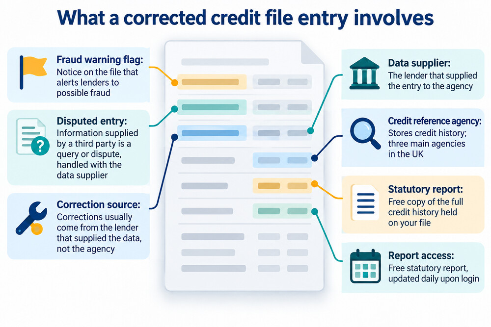 A credit file showing a fraud warning flag and a corrected account entry