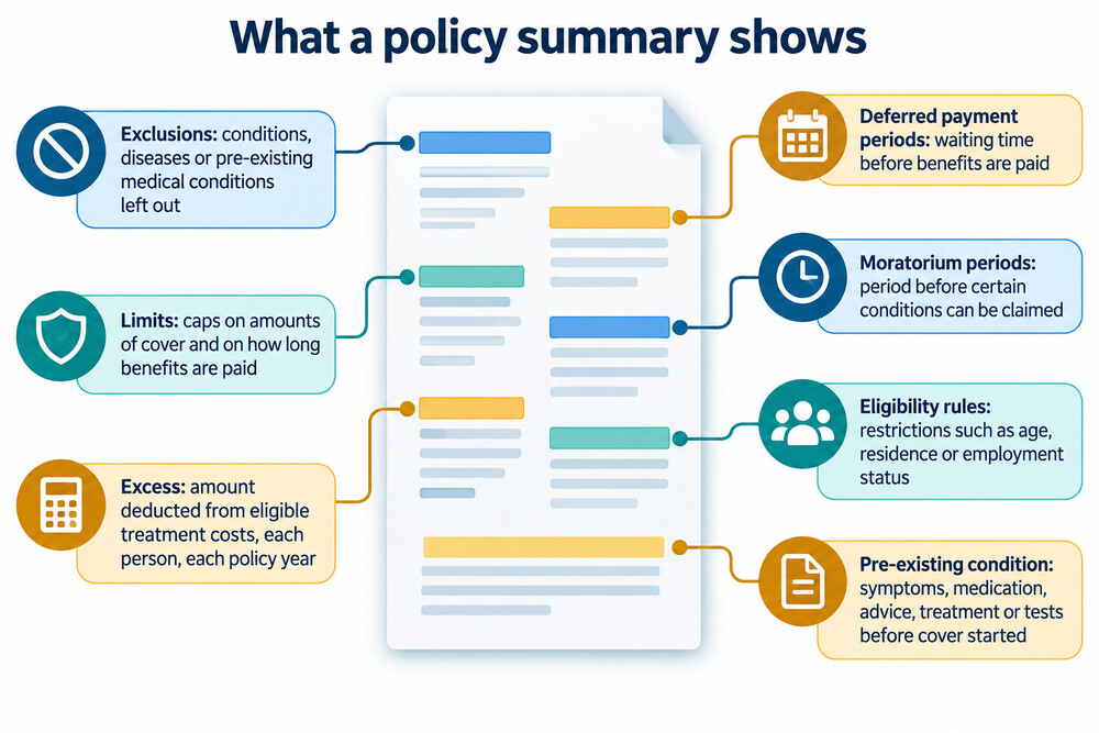A policy summary document with the exclusions, limits and excess lines highlighted