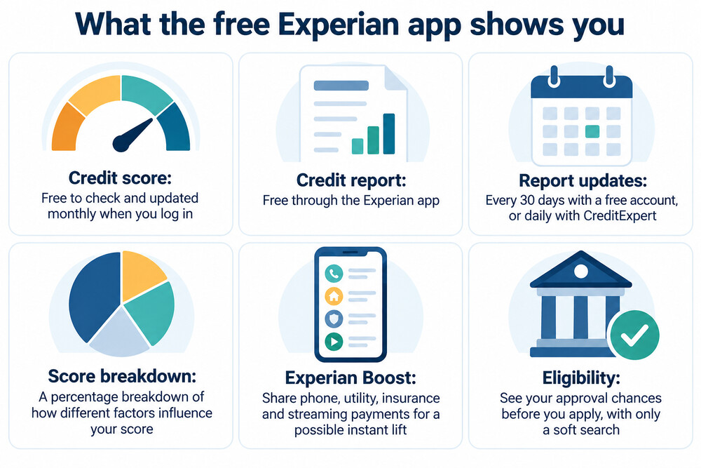 A phone screen showing an Experian credit score in the app, with the score number and band displayed