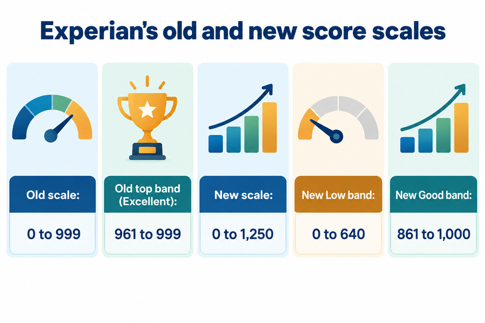 A diagram comparing the old 0 to 999 Experian scale with the new 0 to 1,250 scale