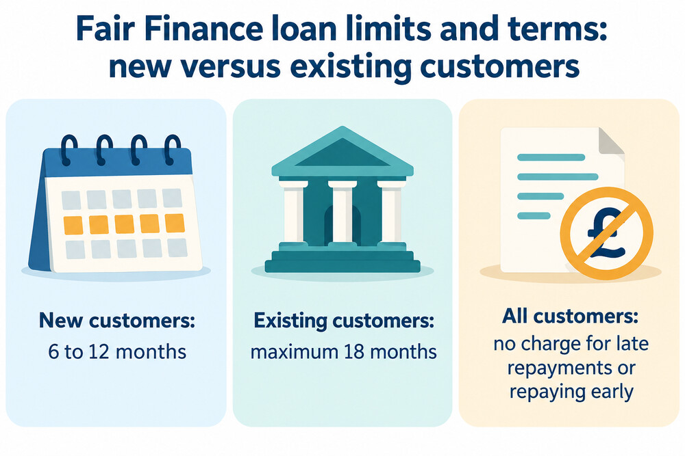 A simple table showing how the maximum loan amount and term change between a first loan and a later one