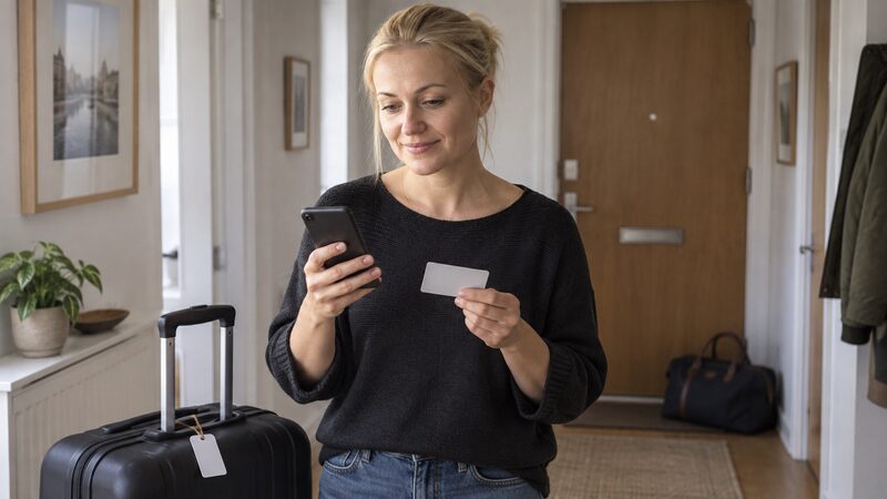 A prepaid currency card being loaded with euros through a mobile app before a trip