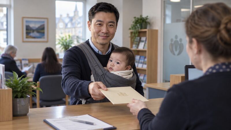 A parent and child at a credit union counter handing over a birth certificate to open a junior account