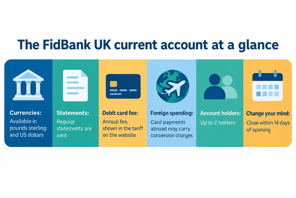 A FidBank account held in two currencies, showing sterling and dollar balances side by side