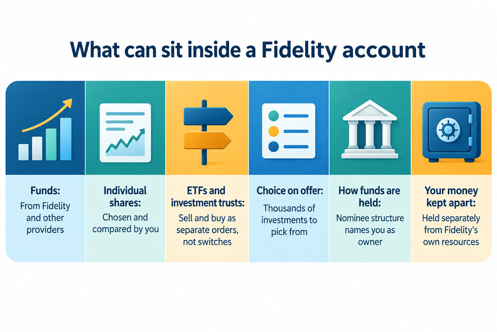An illustration showing the main account types available at Fidelity: a Stocks and Shares ISA, a Junior ISA, a SIPP, a Junior SIPP and a general Investment Account