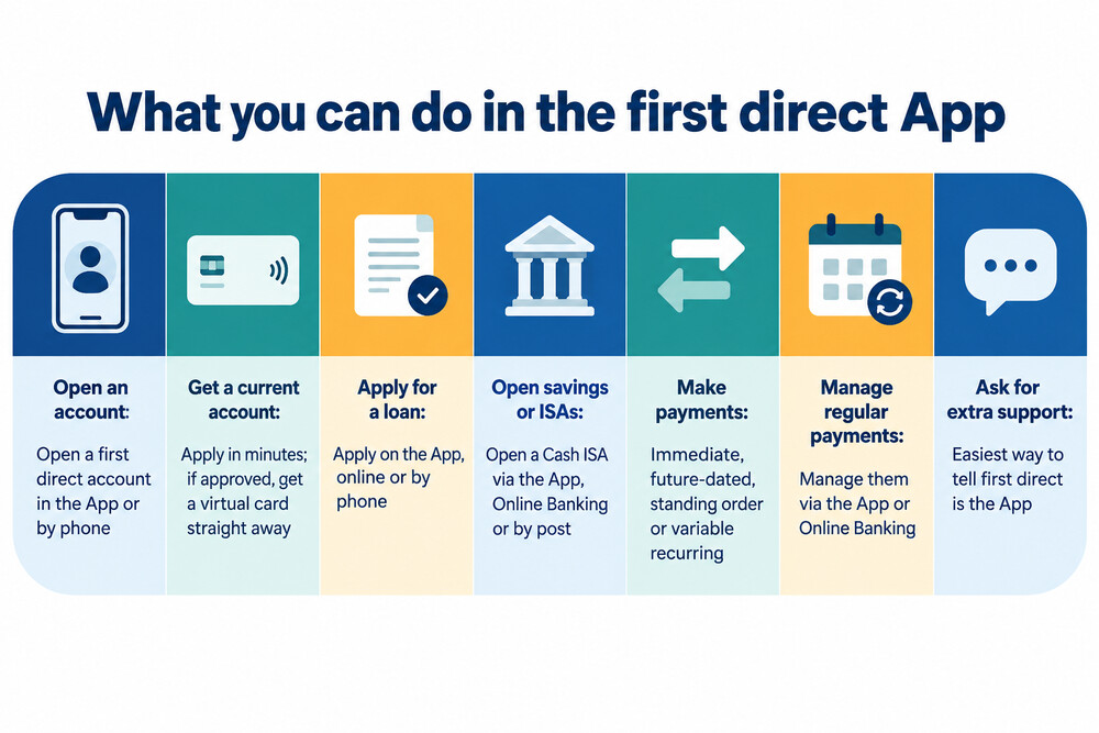 The first direct app showing account balances and payment options
