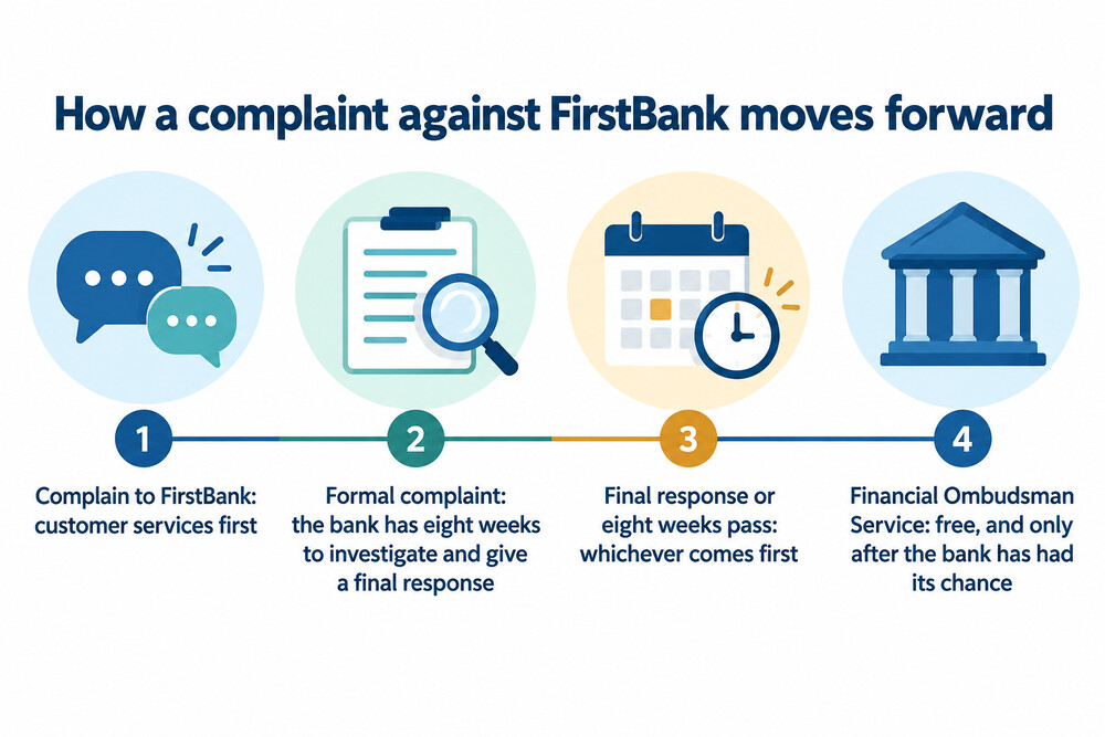 A timeline showing a complaint to the bank, the eight-week response window, and a referral to the ombudsman