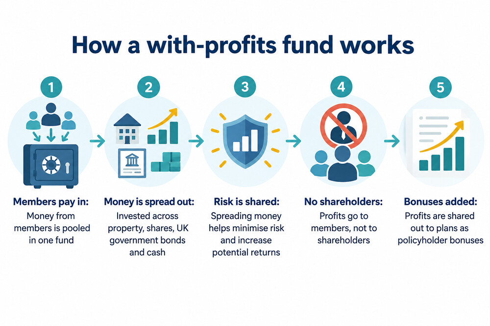A diagram showing how money paid into a with profits fund is pooled and invested across property, bonds, equities and cash