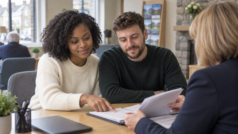 A mortgage adviser meeting a couple at a desk to discuss a Furness mortgage application