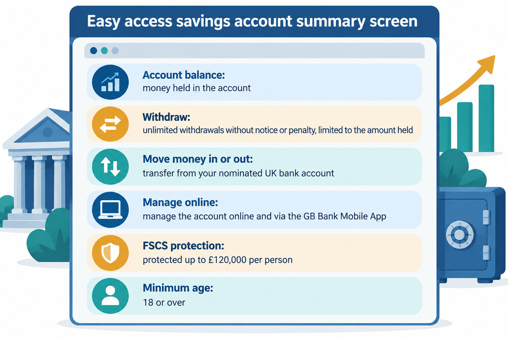 A savings account summary screen showing an easy access balance and a withdrawal button