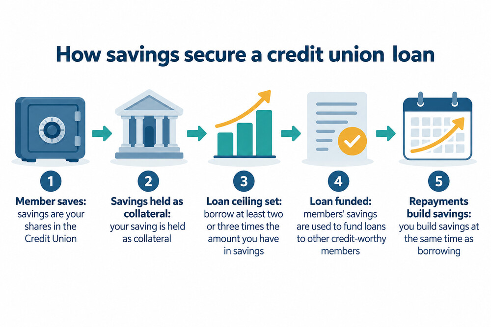 A simple diagram showing savings held as collateral against a credit union loan