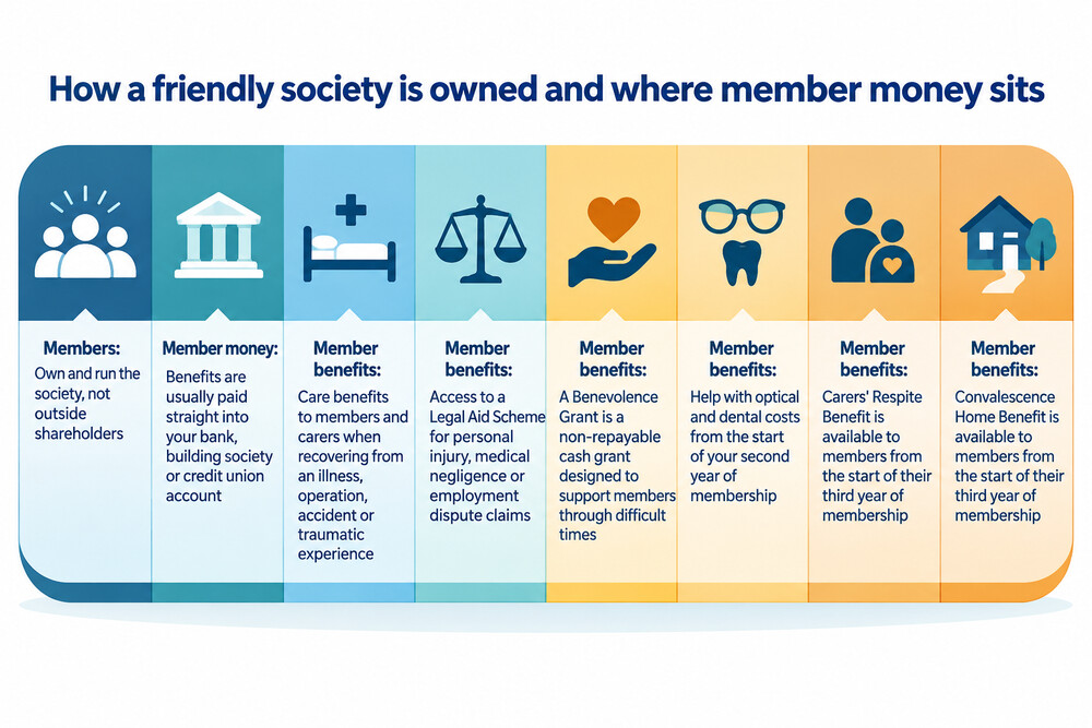 A diagram-style illustration contrasting a shareholder-owned bank and insurer with a member-owned friendly society