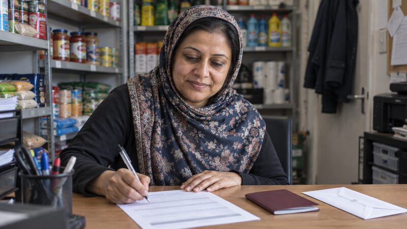 A customer completing a printed account opening form at a desk