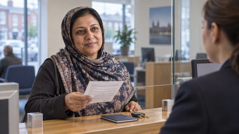 A UK bank branch counter with a customer being served