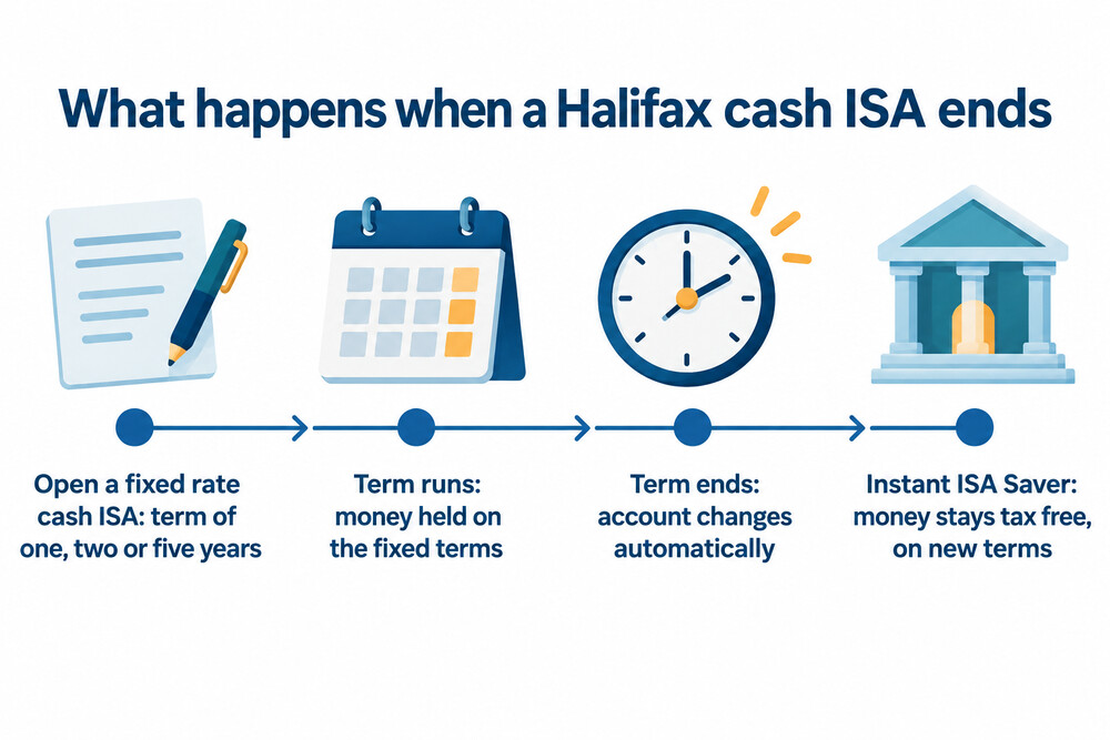 Timeline of a Halifax fixed rate cash ISA from opening to maturity