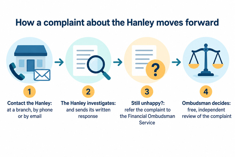 The steps of a complaint, from contacting the Hanley to referring it to the Financial Ombudsman Service