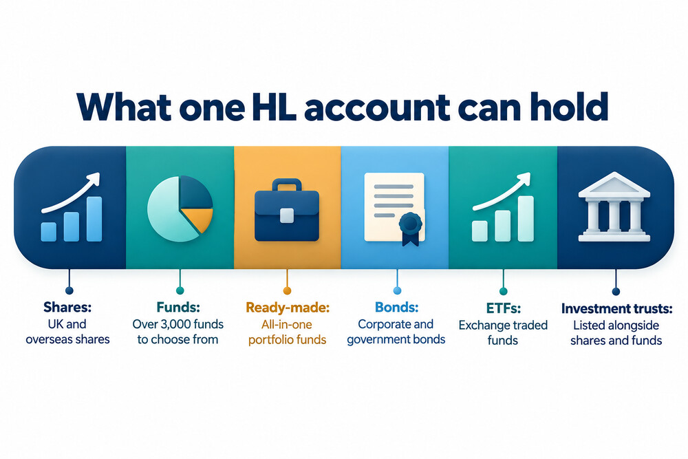A screenshot-style image of an HL investment account summary showing holdings in funds, shares and cash