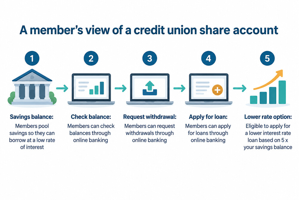 A member's view of a credit union share account, showing a savings balance and a loan application option
