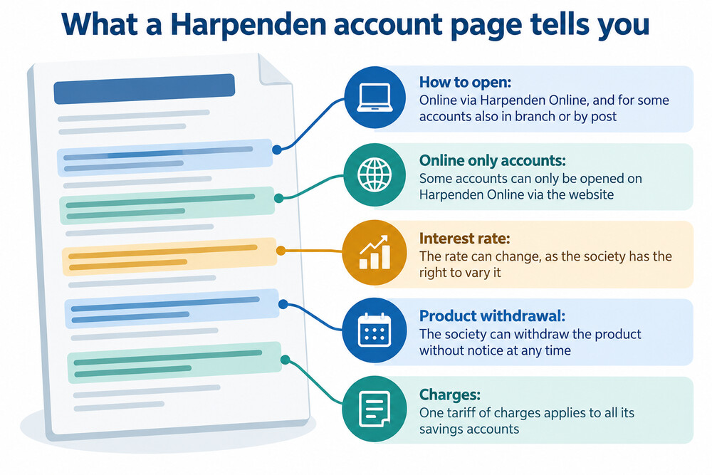 A screenshot-style image of the Harpenden Building Society savings accounts page, showing the list of instant access accounts and cash ISAs available