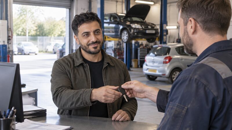 A car being repaired at an approved garage, with a courtesy car parked alongside