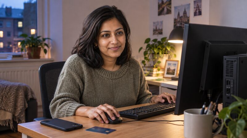 A customer using internet banking on a laptop at home, with a branch counter visible in the background