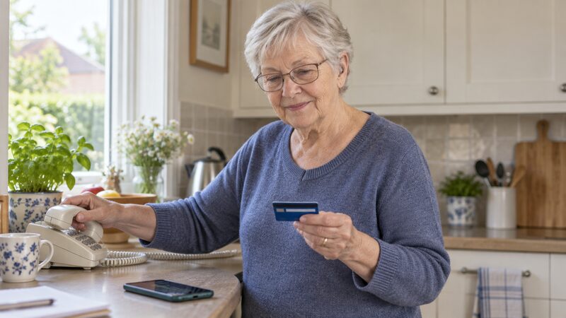 A person ending a suspicious phone call and dialling the number on the back of their debit card