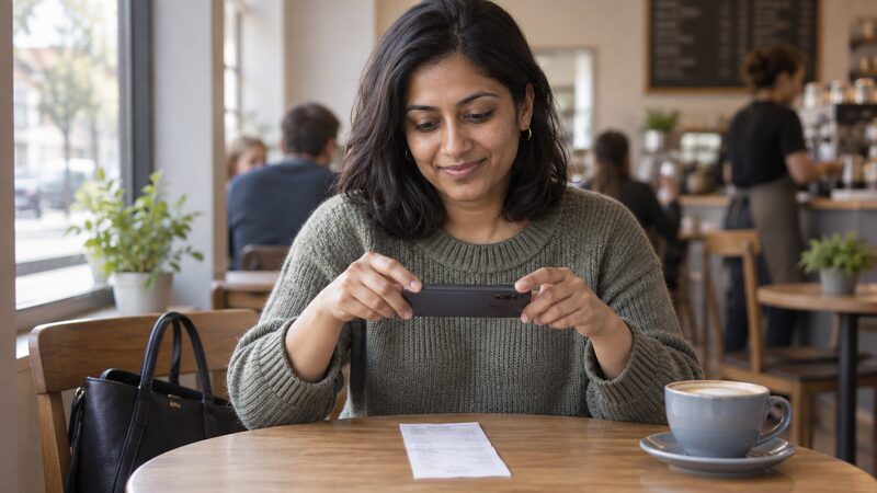A person photographing a dental receipt on a phone before submitting a cash plan claim