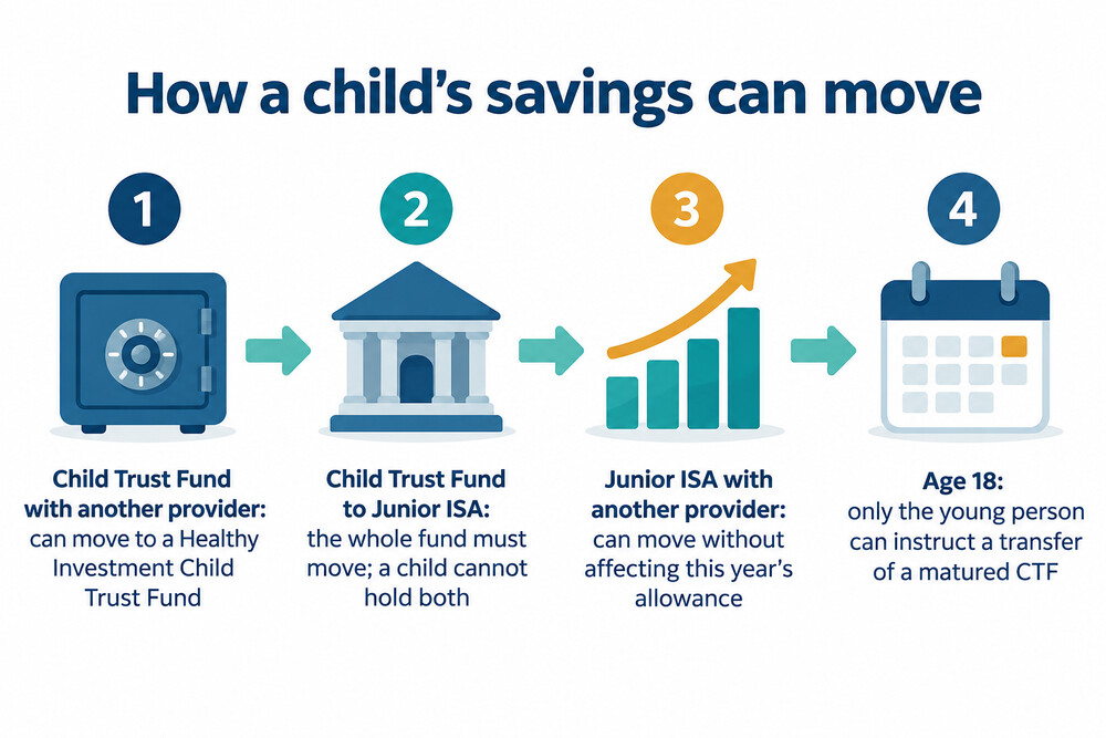 How a child's savings can move between accounts, from Child Trust Fund to Junior ISA and on to an adult ISA at 18