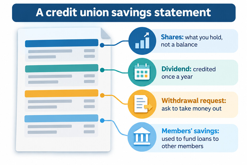 A member's view of a credit union savings account showing shares, dividend and withdrawal request