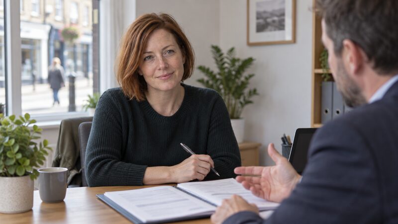 A couple meeting a mortgage broker at a desk to discuss a new mortgage application