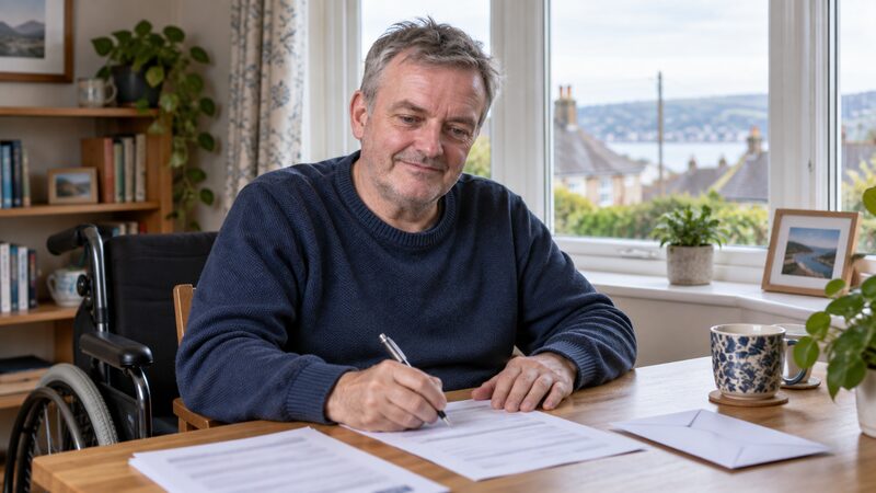 A person completing an income protection claim form at a kitchen table