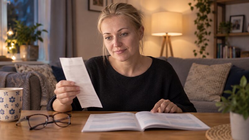 A health plan member checking a dental receipt against their plan's list of covered treatments