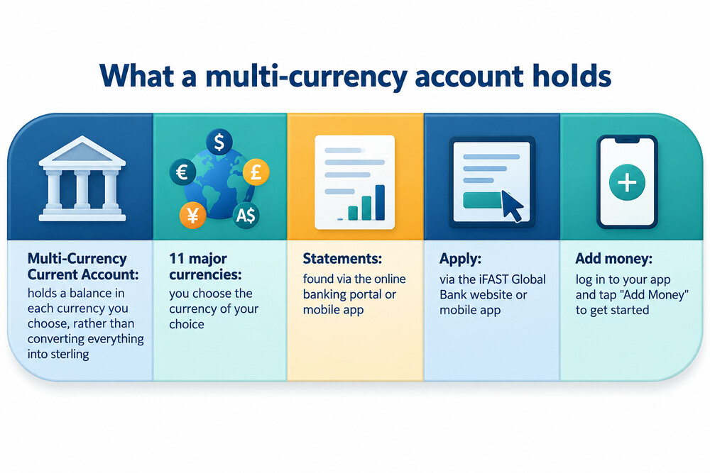 A phone screen showing a multi-currency account with balances in several currencies listed one above the other