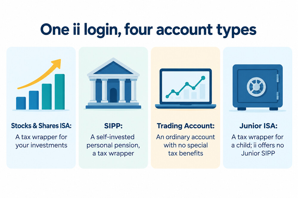 The four interactive investor account types shown side by side, with the tax wrapper each one uses