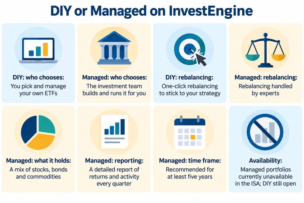 A side-by-side illustration of a person choosing ETF building blocks themselves on the left, and the InvestEngine team assembling a portfolio on the right