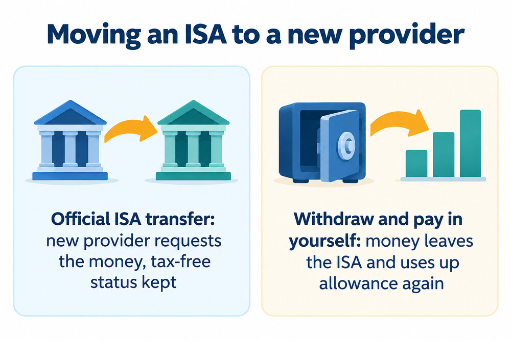 Two routes for moving an ISA: a provider transfer that keeps the tax wrapper, and a withdrawal that loses it