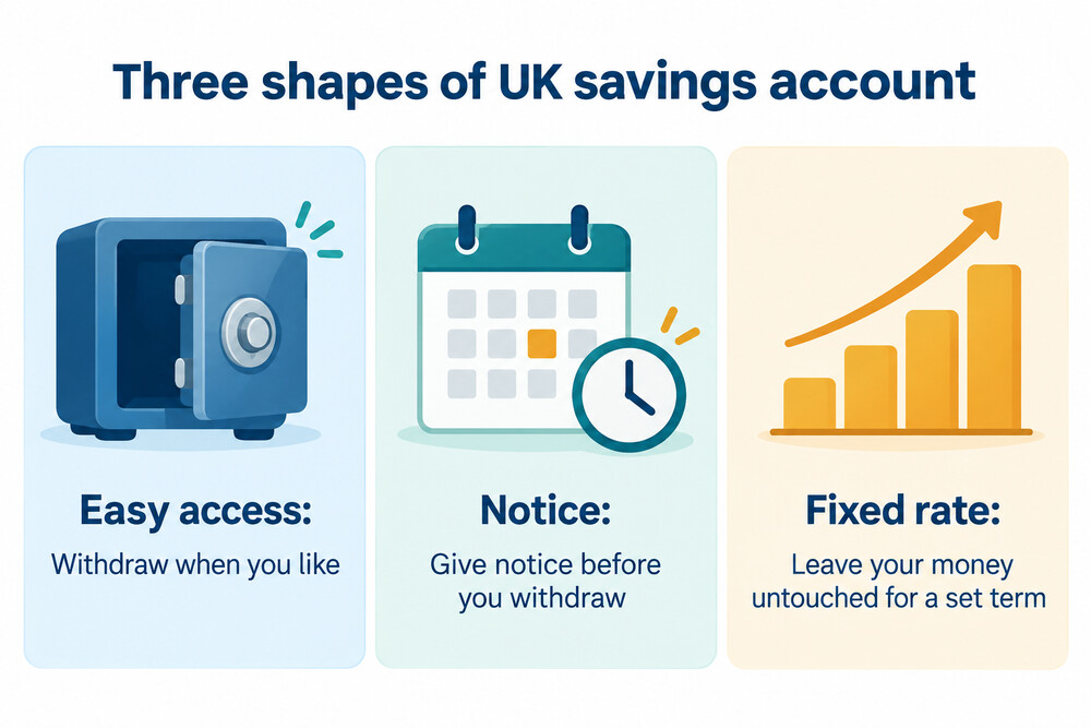 A simple table comparing easy access, notice and fixed rate savings accounts