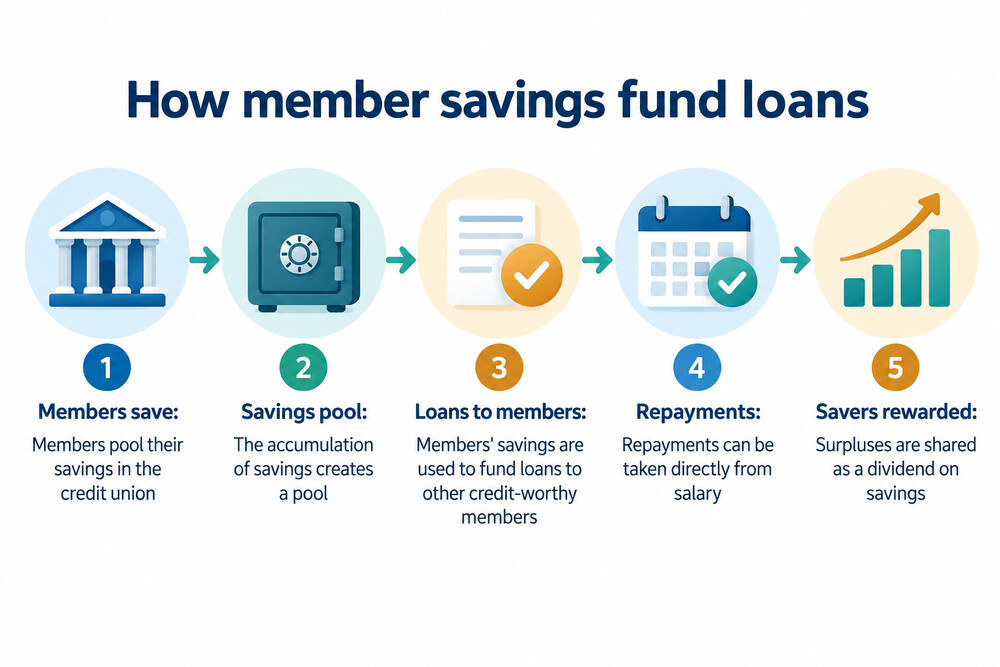 A simple diagram showing how member savings fund loans to other members