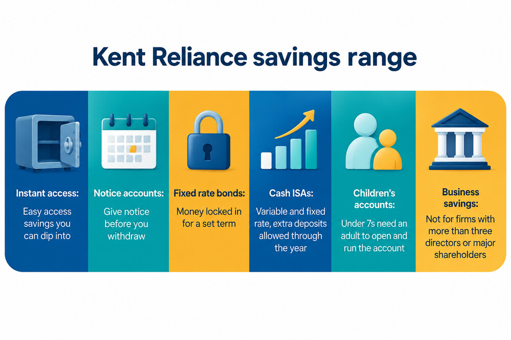 A Kent Reliance branch window display showing the range of savings accounts on offer