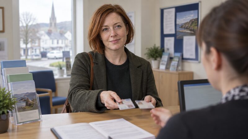 A member completing a credit union membership form at an office counter