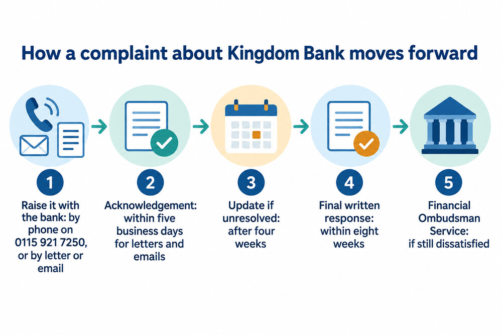 A flow chart showing a complaint going from a phone call to Kingdom Bank, through a final response, to the Financial Ombudsman Service