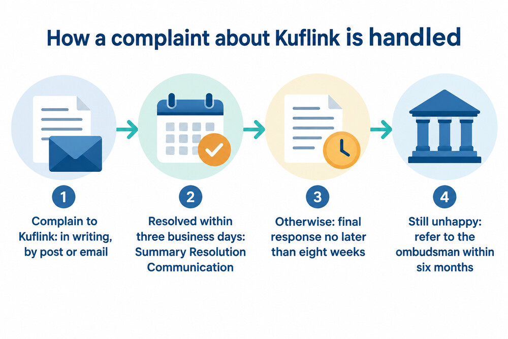 Flowchart of the Kuflink complaints process, from first contact to the Financial Ombudsman Service