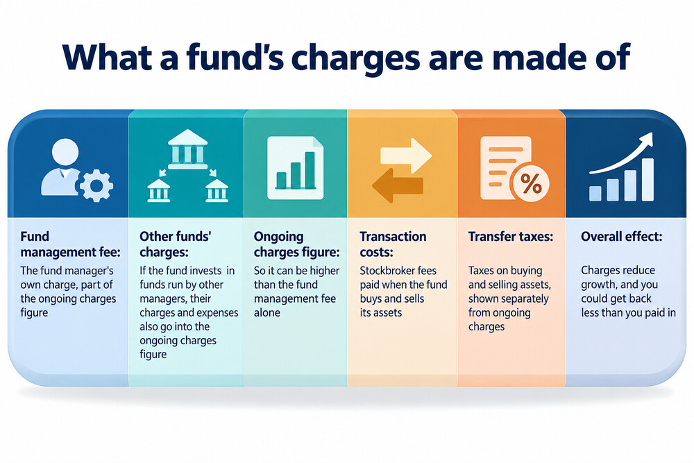 Illustration of the layers of charges on a Legal &amp; General fund, from the fund management fee to transaction costs