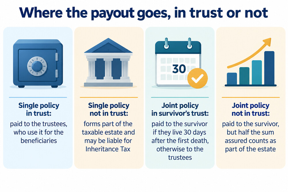 Four boxes comparing where a life insurance payout goes for single and joint policies, in trust and not in trust