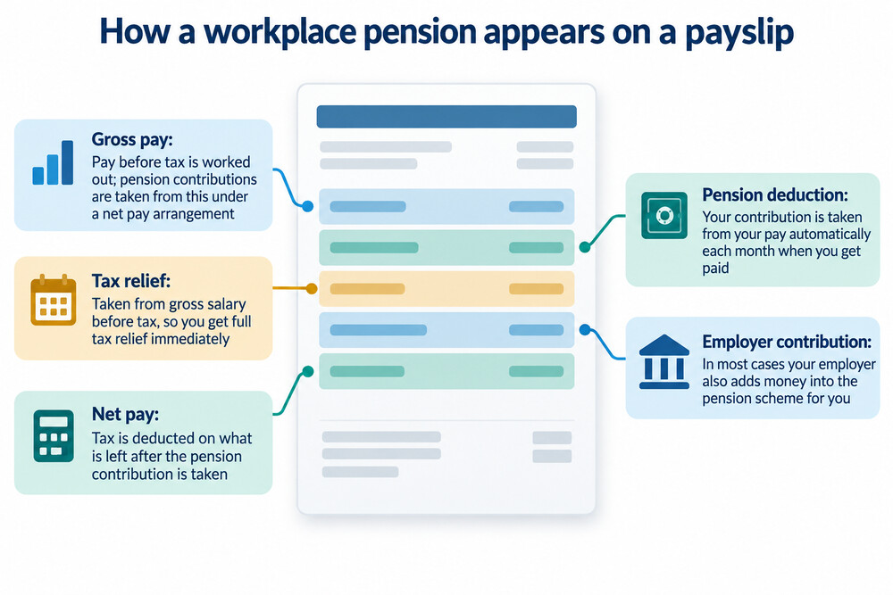 A payslip showing a pension deduction line and an employer contribution line